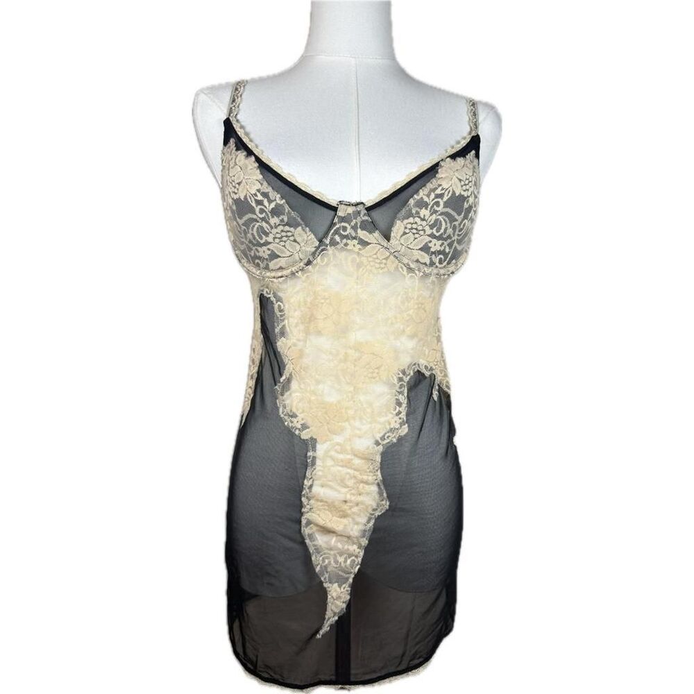 New Y2k Vintage Frederick's Of Hollywood Slip Dress Medium Black with Nude